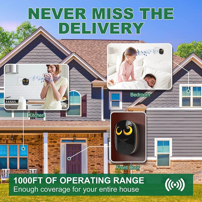 HTZSAFE Wireless Doorbell, Cute Owl Doorbell Weatherproof IP55 Outdoor Remote Push Button- 1000 feet Long Wireless Range- 35 Classic Melodies Optional, 5 Volume Levels & LED Flash-1 Receiver+2 Transmitters - Image 3